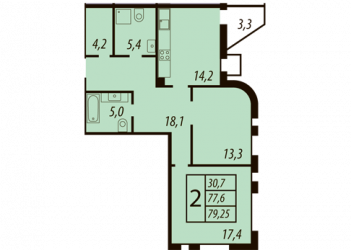 Двухкомнатная квартира 77.6 м²