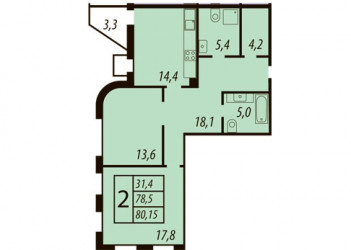 Двухкомнатная квартира 78.5 м²