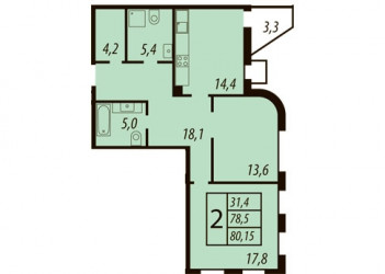Двухкомнатная квартира 78.5 м²