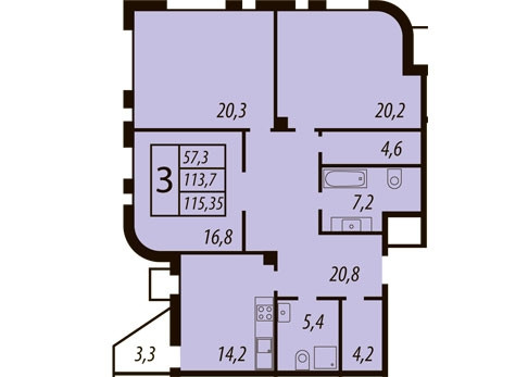Трёхкомнатная квартира 113.7 м²
