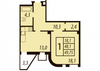 Однокомнатная квартира 48.1 м²